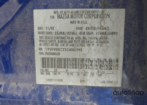 2003 Mazda Mazda6 I z USA, uszkodzony, nr VIN 1YVFP80C735M00993